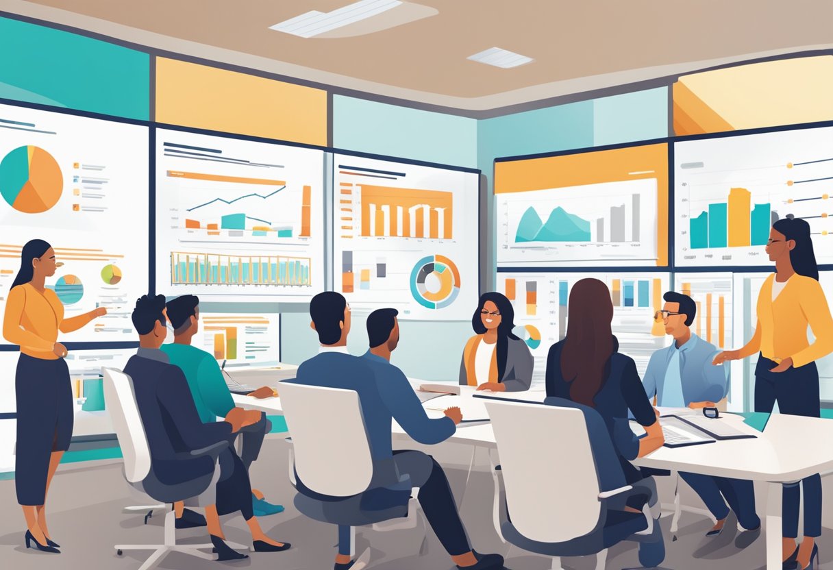 A group of franchise owners gather around a conference table, reviewing digital agency options on a large screen. Charts and graphs are displayed, showcasing the benefits of each agency