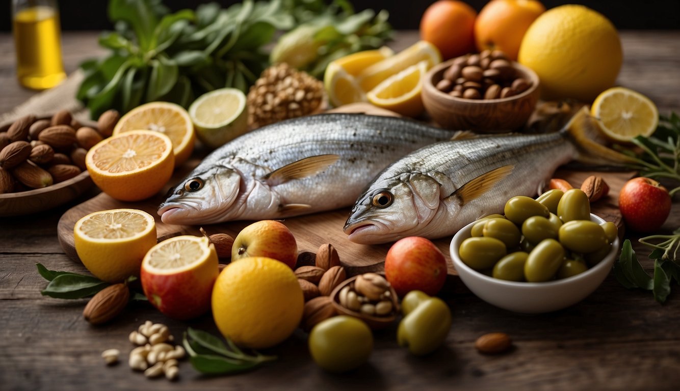 A table filled with fresh fruits, vegetables, olive oil, nuts, and fish, representing the Mediterranean diet