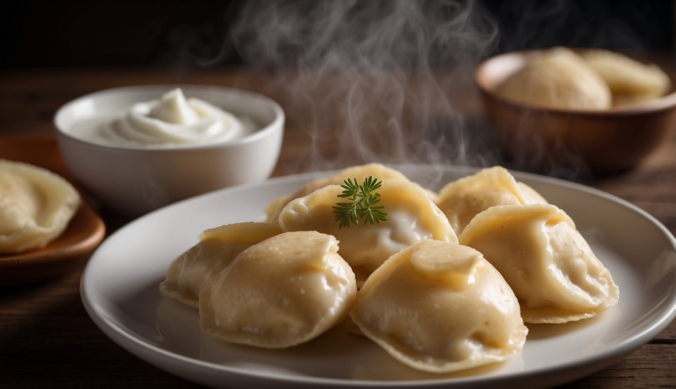 A pot of boiling water with pierogi ruskie being dropped in, steam rising, and a plate of pierogi ruskie being served with a dollop of sour cream