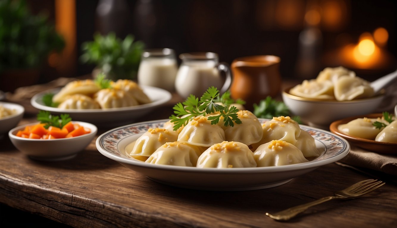 A table set with traditional Polish dishes, including pierogi ruskie, with cultural and regional significance