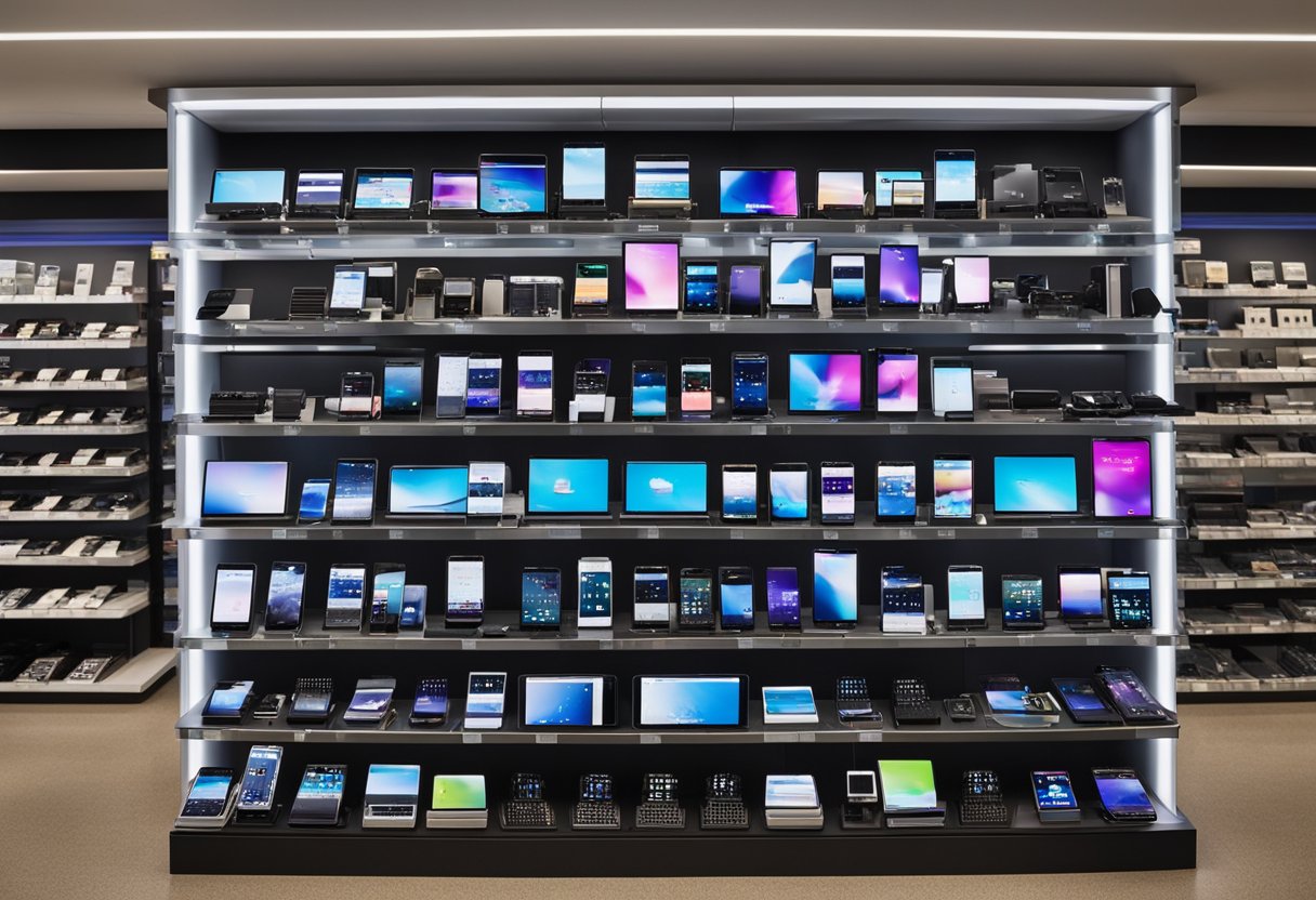 A bustling electronic store in Texas displays a variety of refurbished iPhones on sleek, well-lit shelves, with helpful staff ready to assist customers