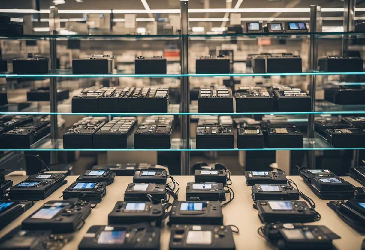 A bustling electronics store in Texas showcases a variety of refurbished iPhones, neatly organized on shelves with price tags displayed prominently