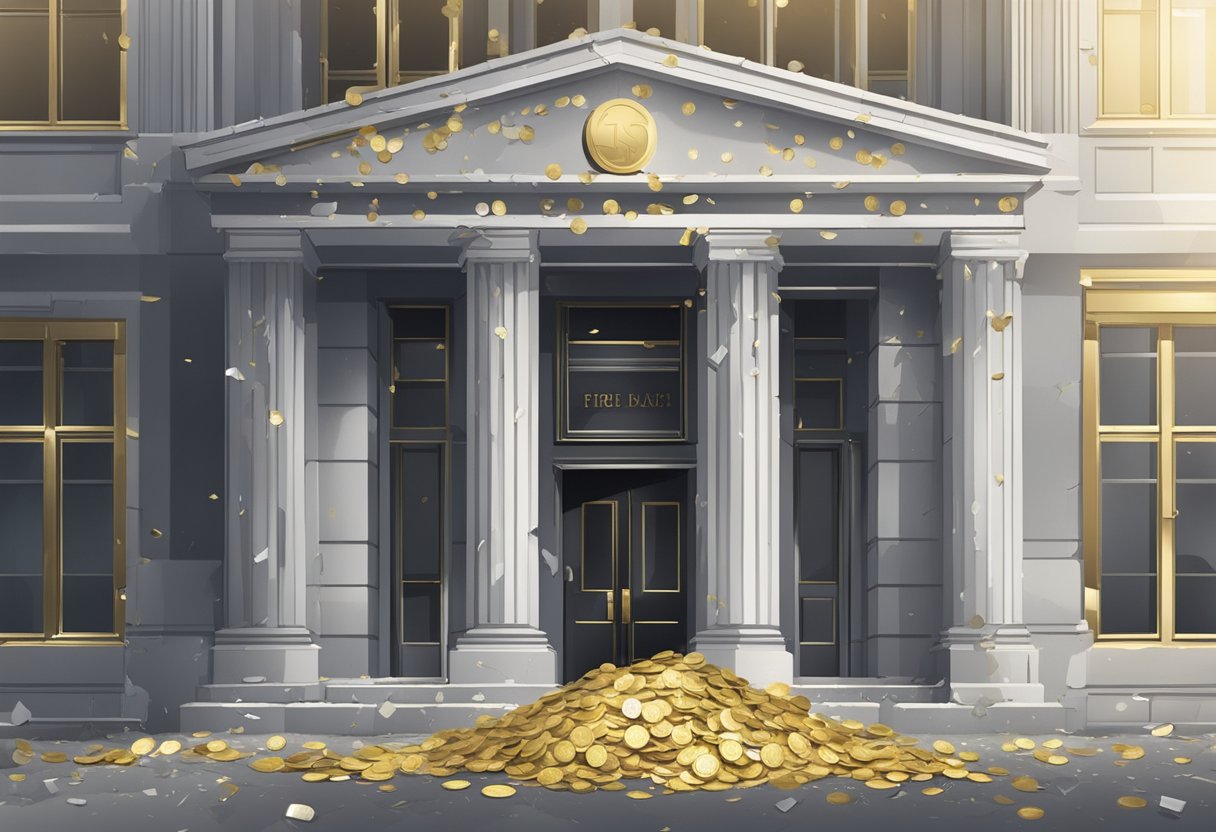 A bank building with a shattered glass entrance, scattered gold and silver coins, and a distressed atmosphere