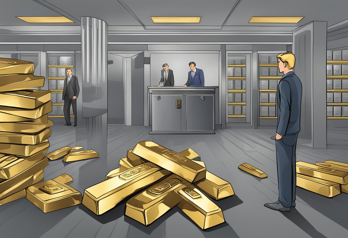 A bank failure scene: Gold and silver bars being stored in a secure vault, with worried customers in the background