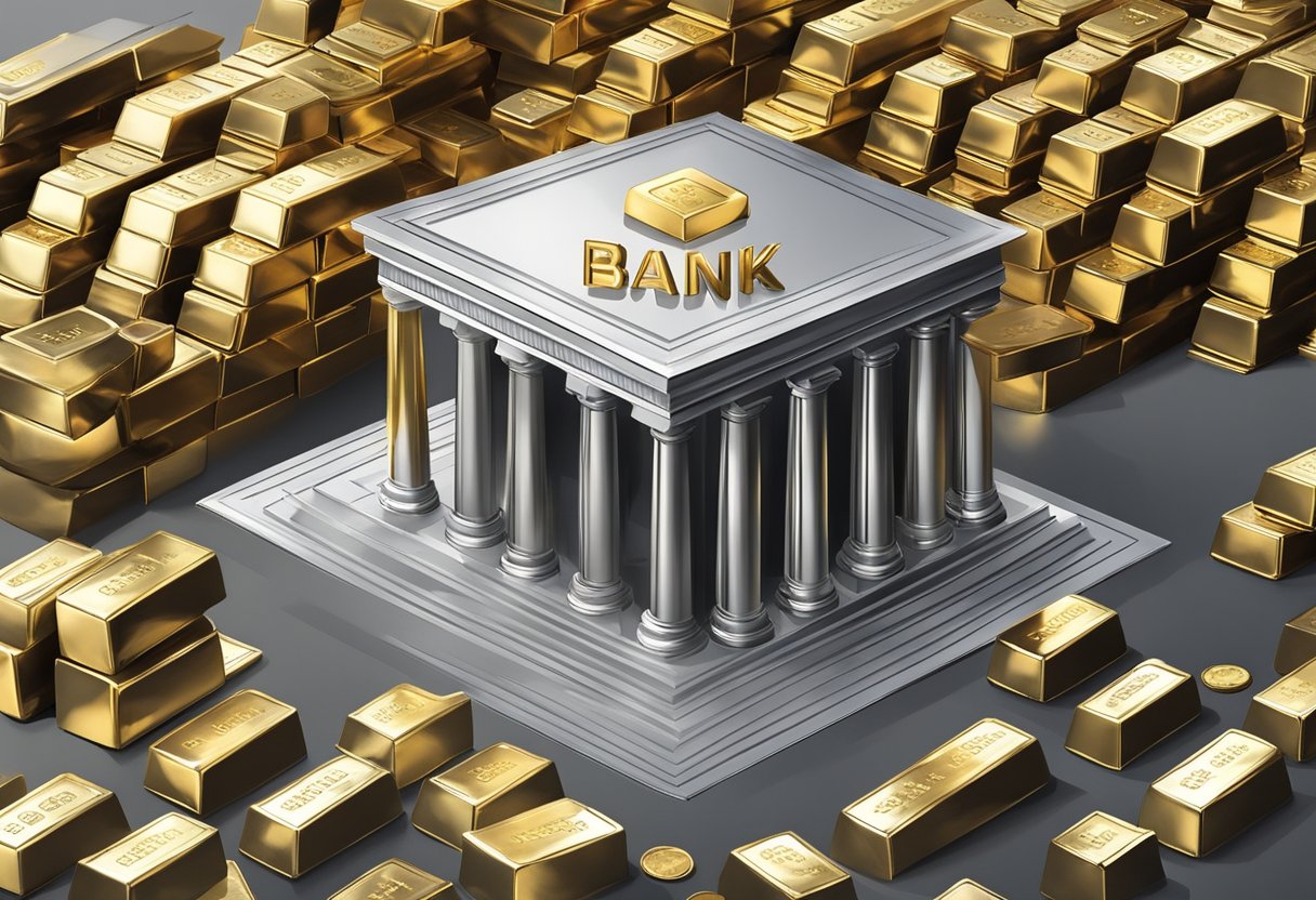 A bank building stands tall, surrounded by stacks of gold and silver bars. A sense of security is conveyed through the presence of precious metals