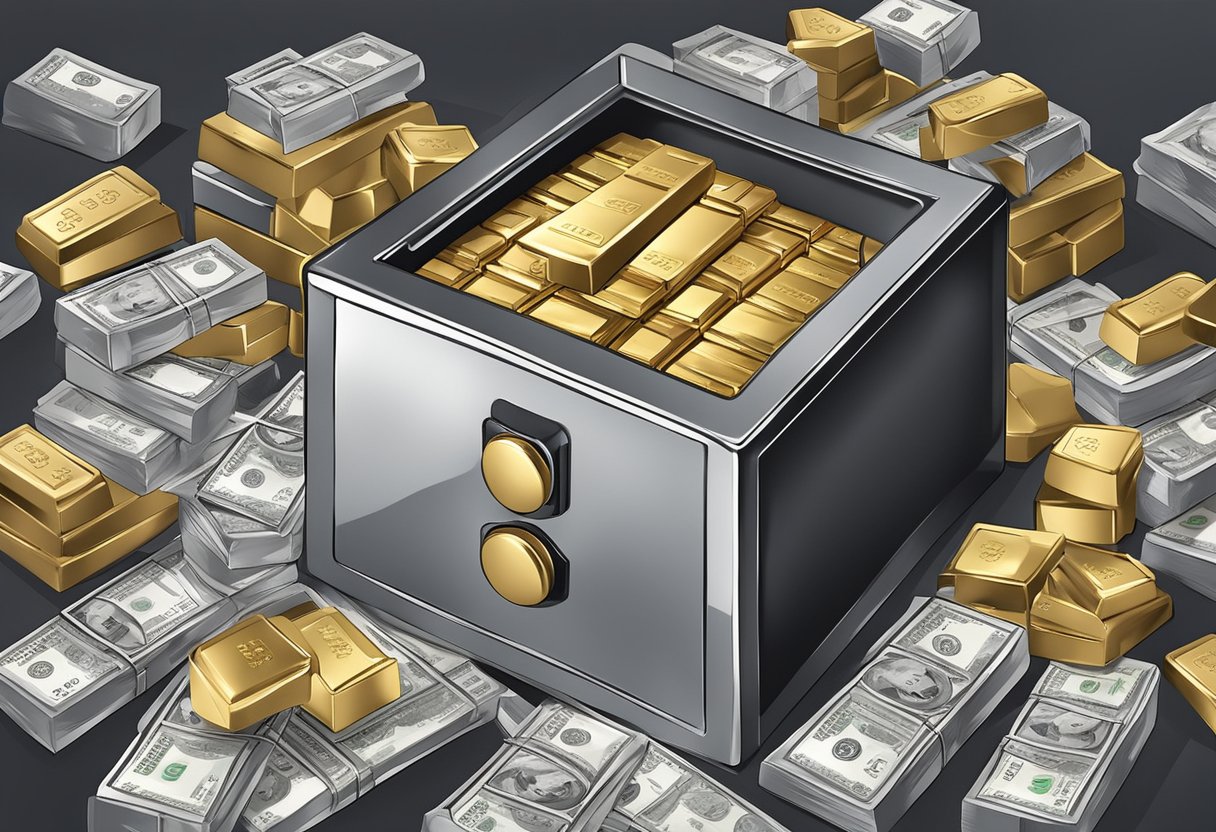 A safe filled with gold and silver bars, surrounded by financial documents and charts, symbolizing safeguarding finances with precious metals in the event of a bank failure