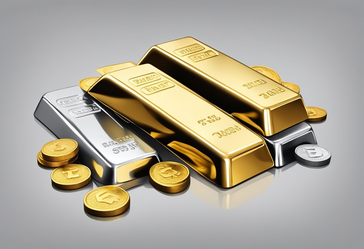 A stack of gold and silver bars and coins, with a bank in the background symbolizing financial security and stability