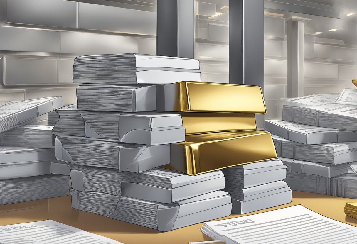 A stack of gold and silver bars secured in a vault, surrounded by legal documents and regulatory guidelines. A bank building in the background