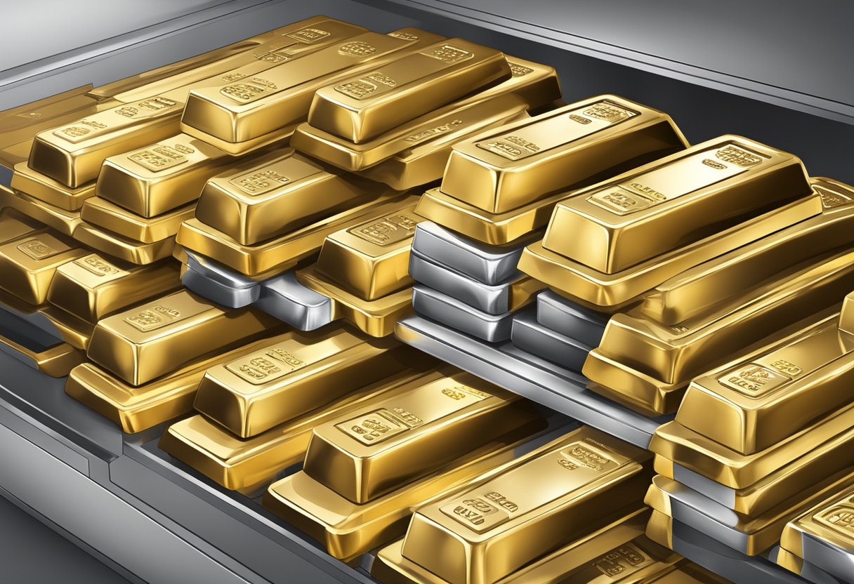 A stack of gold and silver bars secured in a vault, with a bank sign in the background