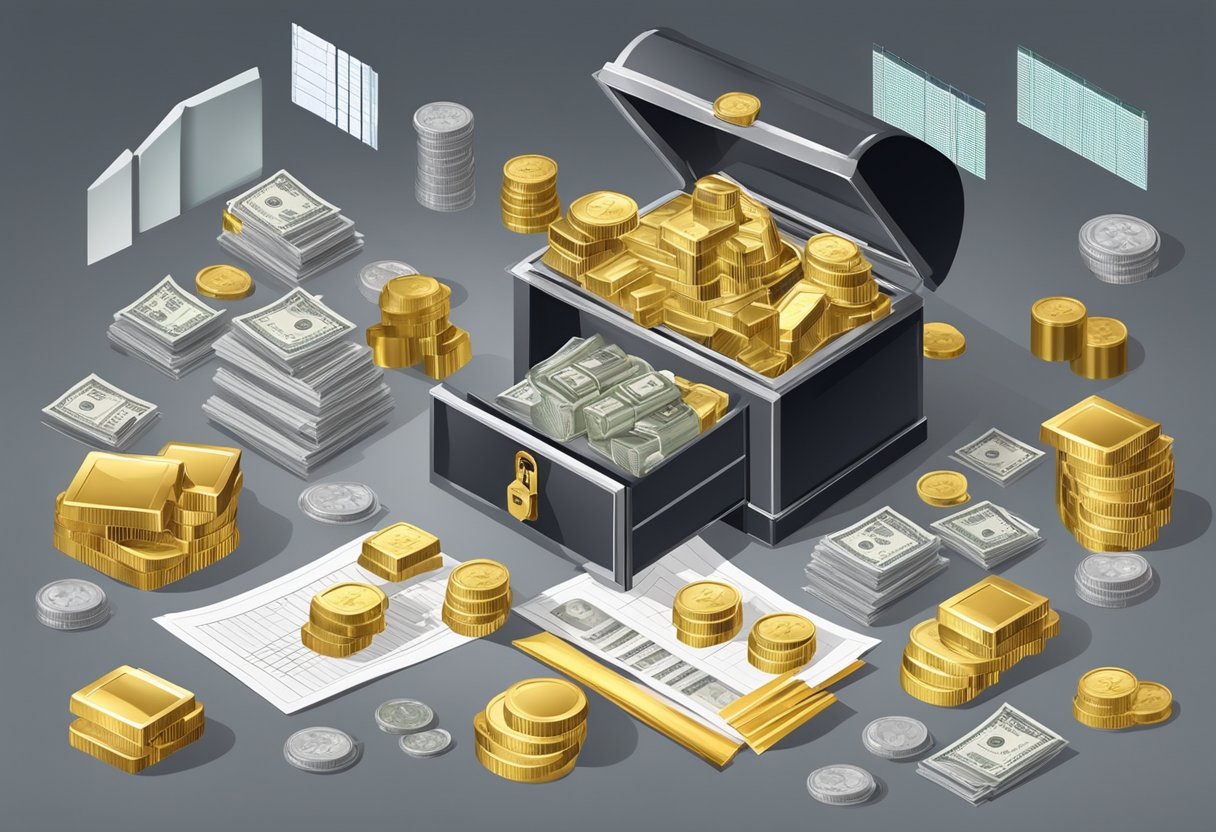 A secure vault with gold and silver bars, surrounded by financial documents and charts, symbolizing long-term financial security with precious metals