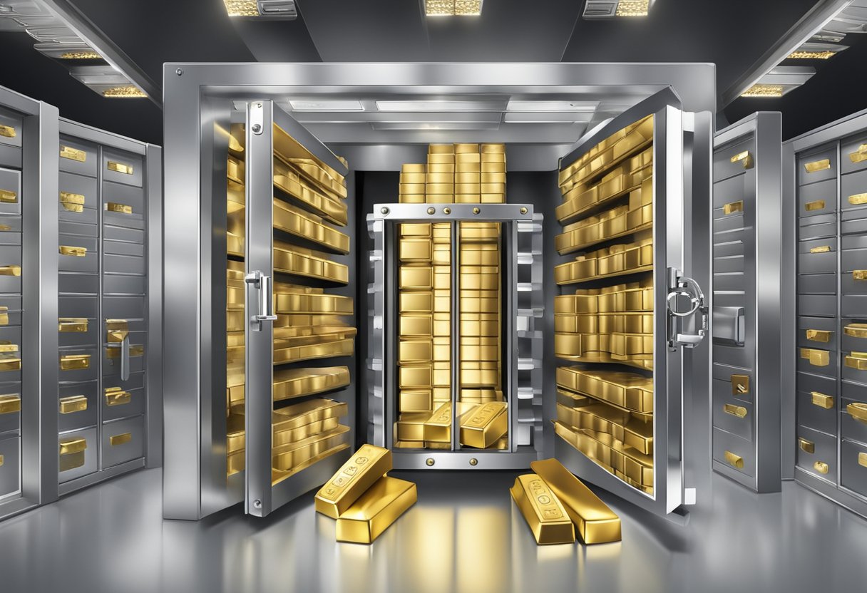 A bank vault filled with stacks of gold and silver bars, surrounded by security measures and safeguarding equipment