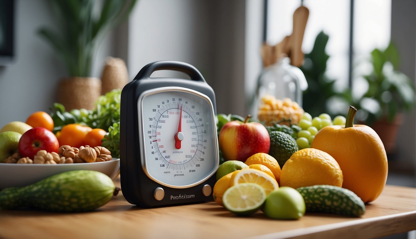 A scale surrounded by healthy food and exercise equipment
