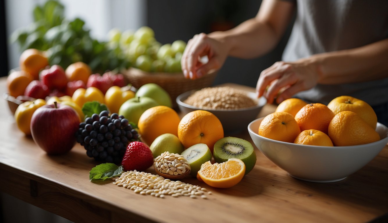 A table with colorful fruits, vegetables, and whole grains. A person exercising in the background