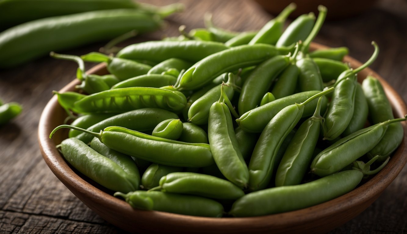 Fresh sugar snap peas with vibrant green pods, bursting with nutrients and health benefits, arranged in a bountiful display