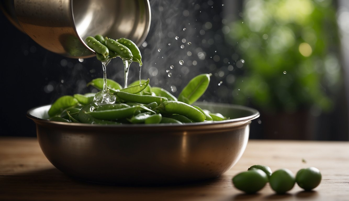 A pot of boiling water with sugar snap peas being dropped in