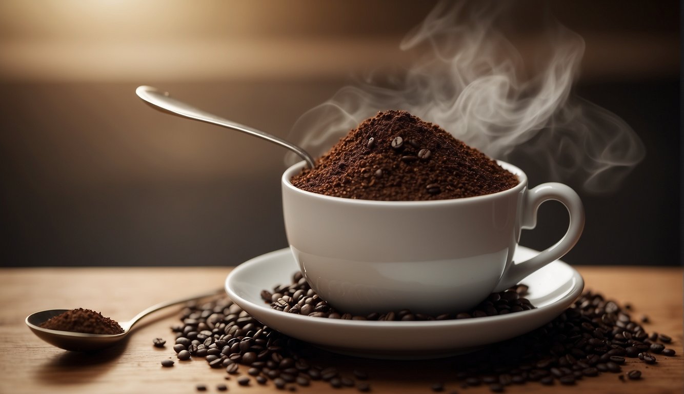A pile of coffee grounds sits on a table, with a spoon resting on top. A cup of coffee sits nearby, steam rising from the surface
