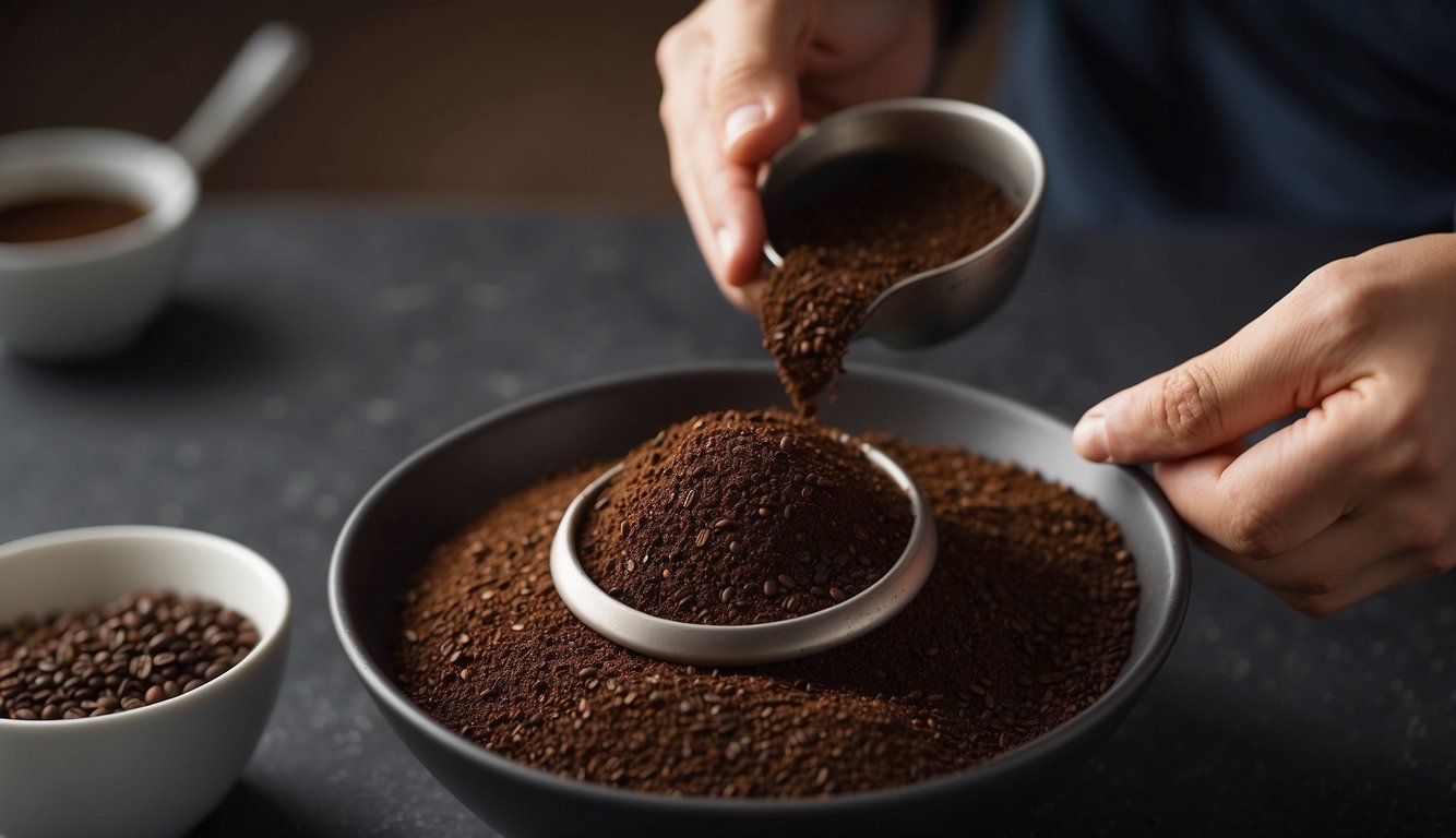 A person pouring coffee grounds into a bowl, with a question mark hovering above it