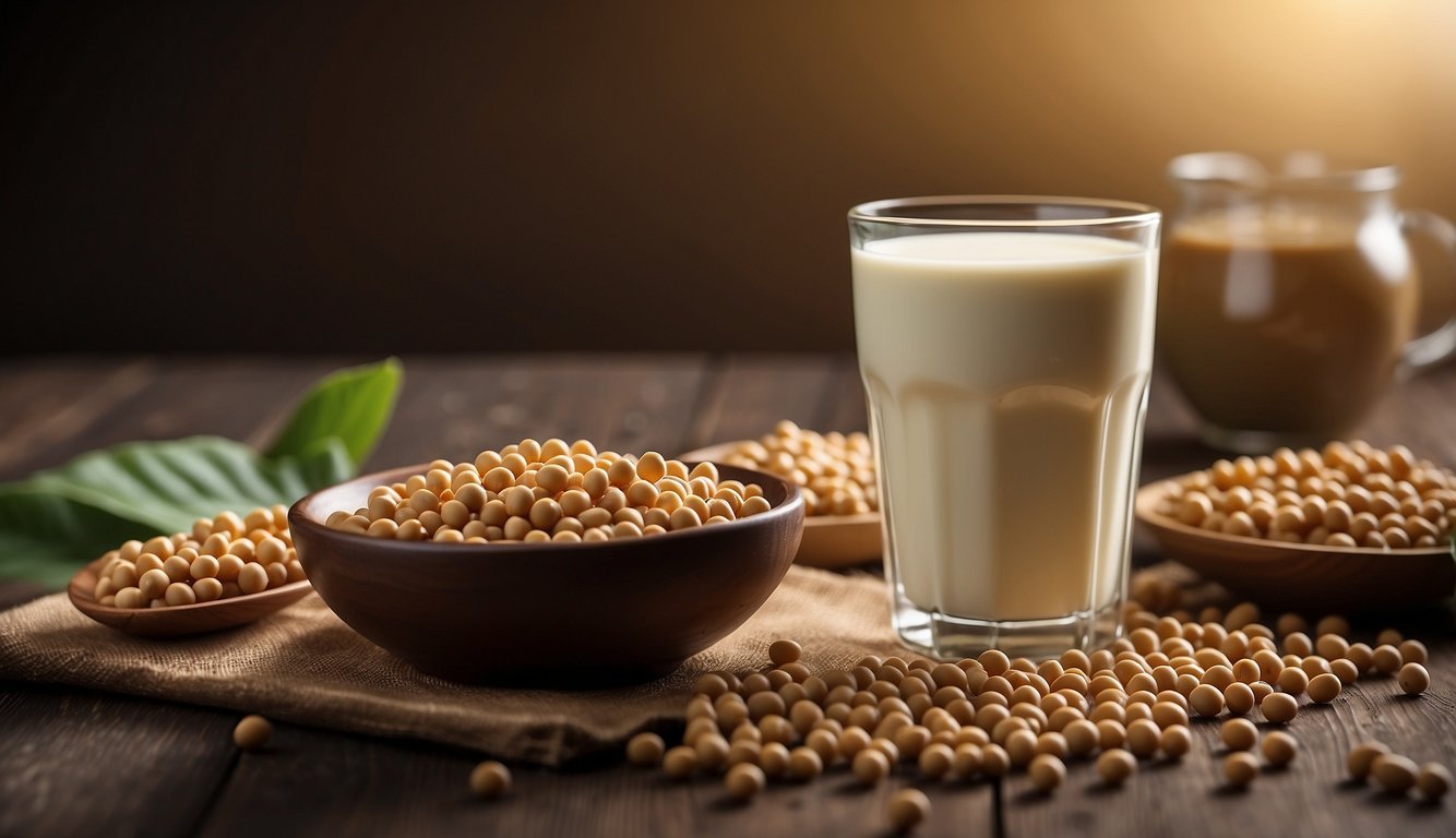 A glass of soy milk with a nutritional label and a pile of soybeans