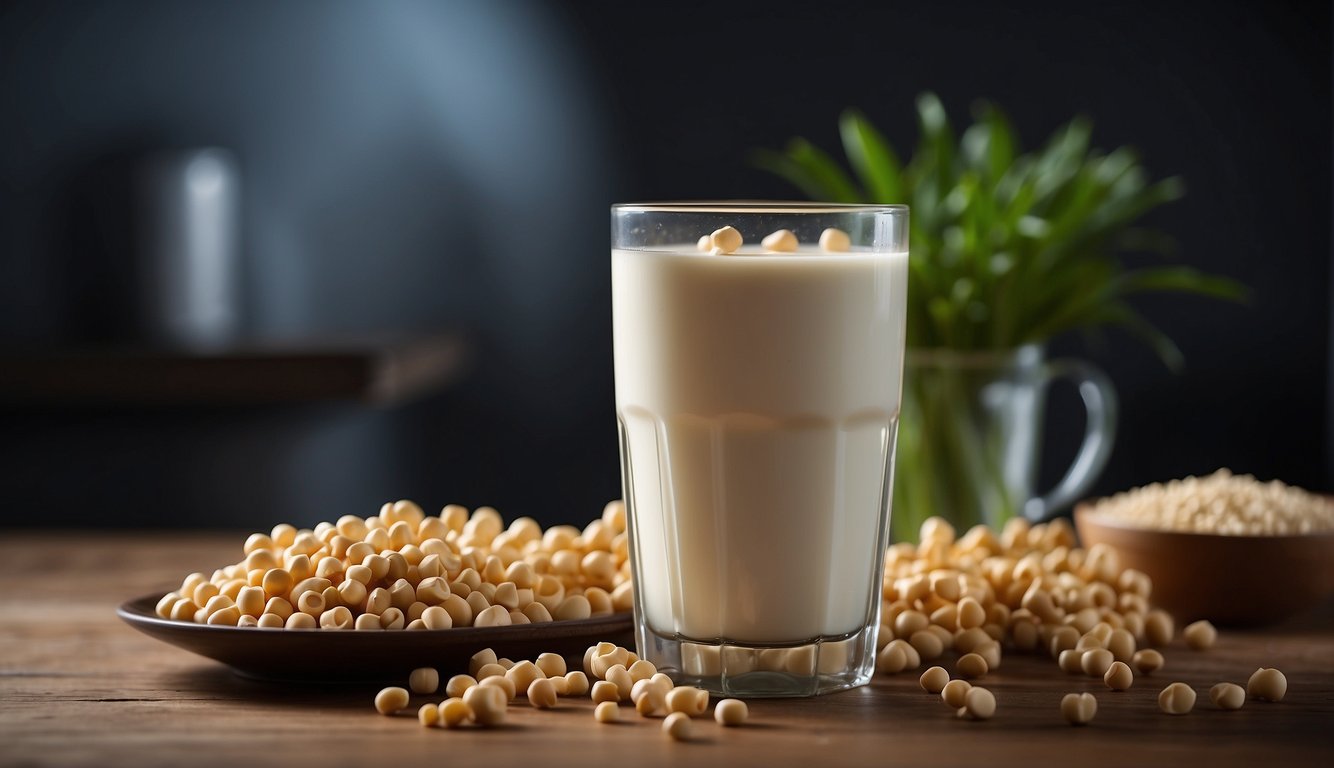 A glass of soy milk surrounded by images of healthy bones and potential health risks