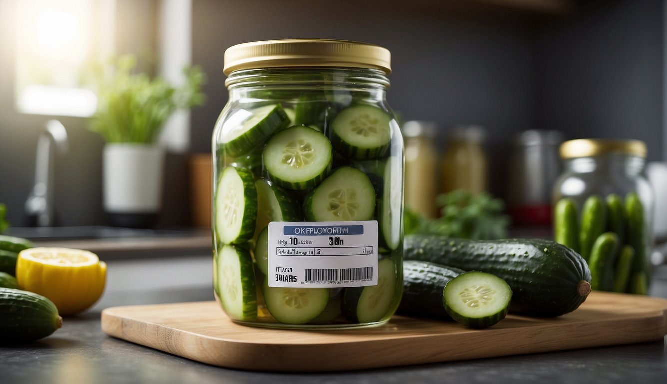 A jar of pickled cucumbers sits on a kitchen counter, with a nutrition label displaying the calorie content
