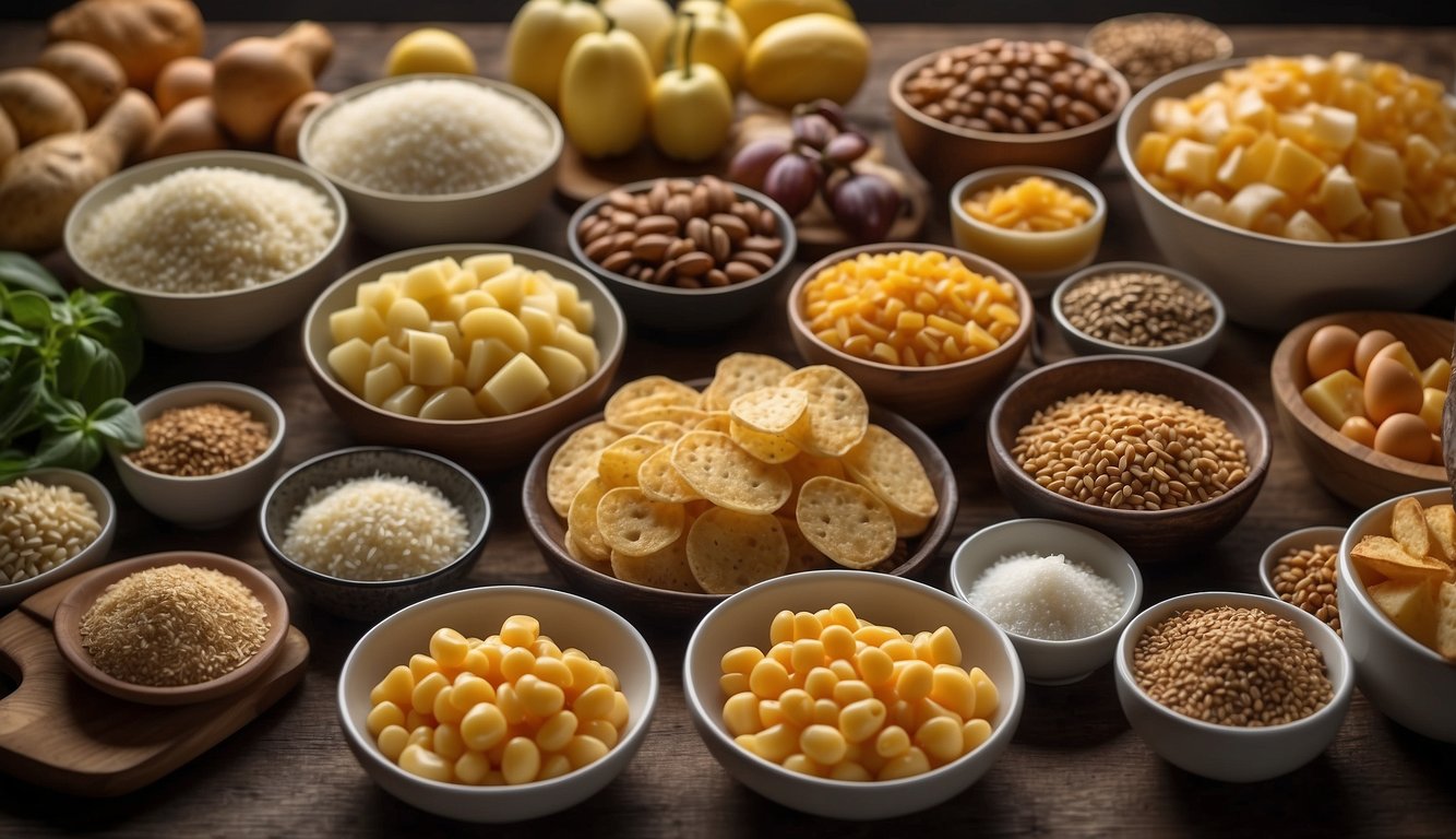 A variety of carbohydrate-rich foods displayed on a table