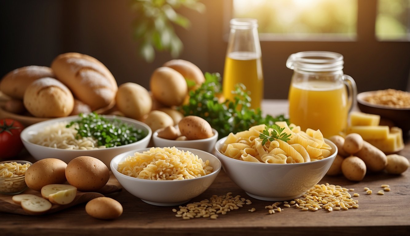 A table filled with high-carbohydrate foods, such as bread, pasta, rice, and potatoes, representing a high demand for carbohydrates