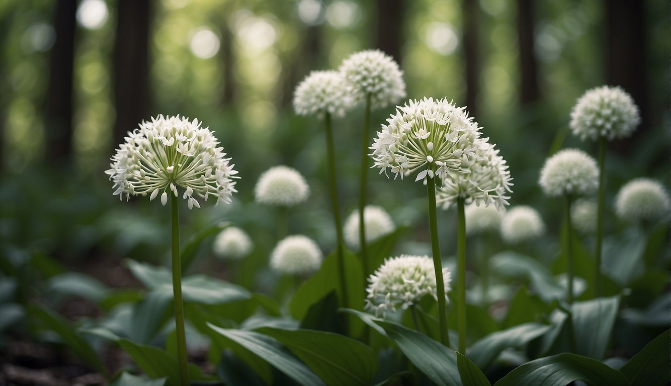 A bear garlic plant with green leaves and white flowers in a forest clearing