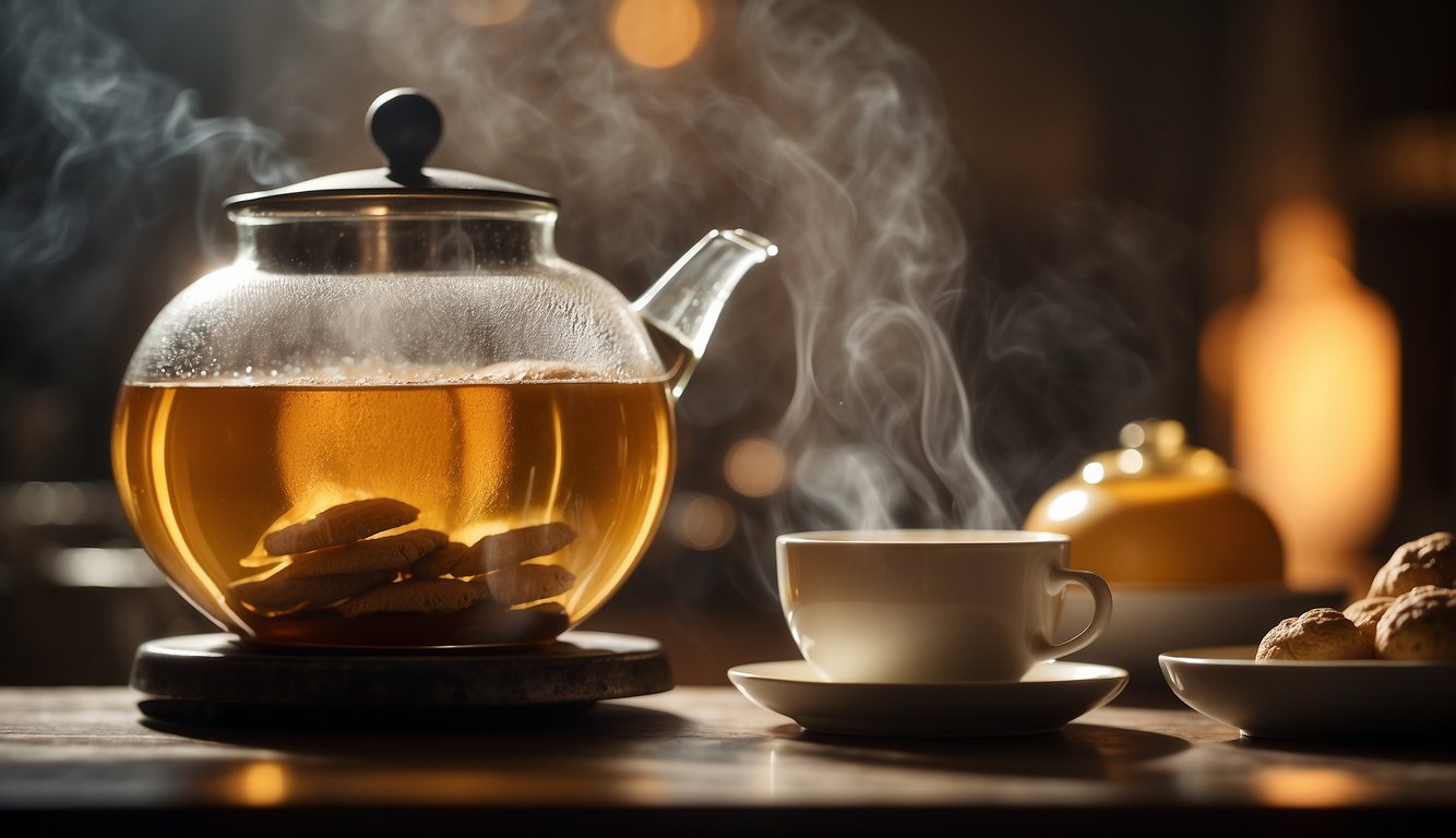Steeping ginger tea in a teapot, with steam rising and a warm, inviting aroma