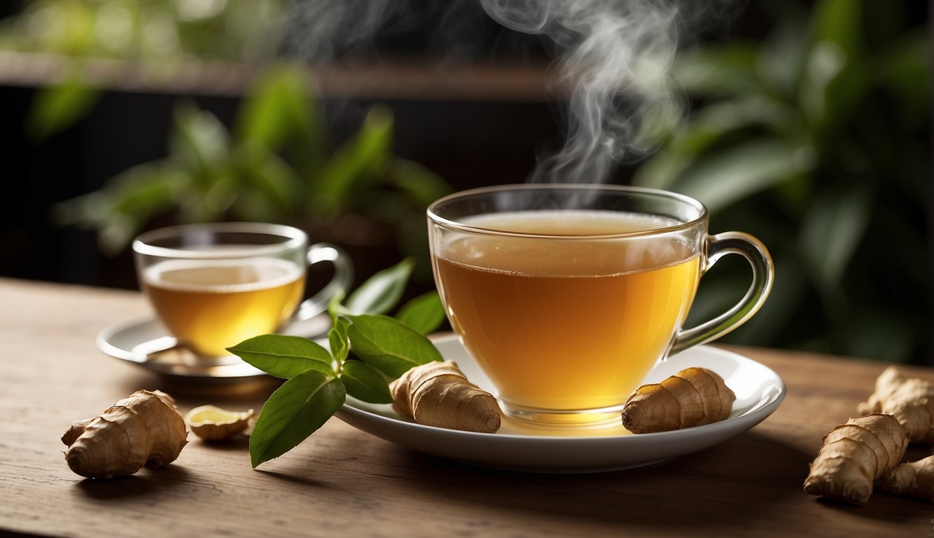 A steaming cup of ginger tea surrounded by scattered ginger root and leaves, with a cautionary label listing potential side effects and contraindications