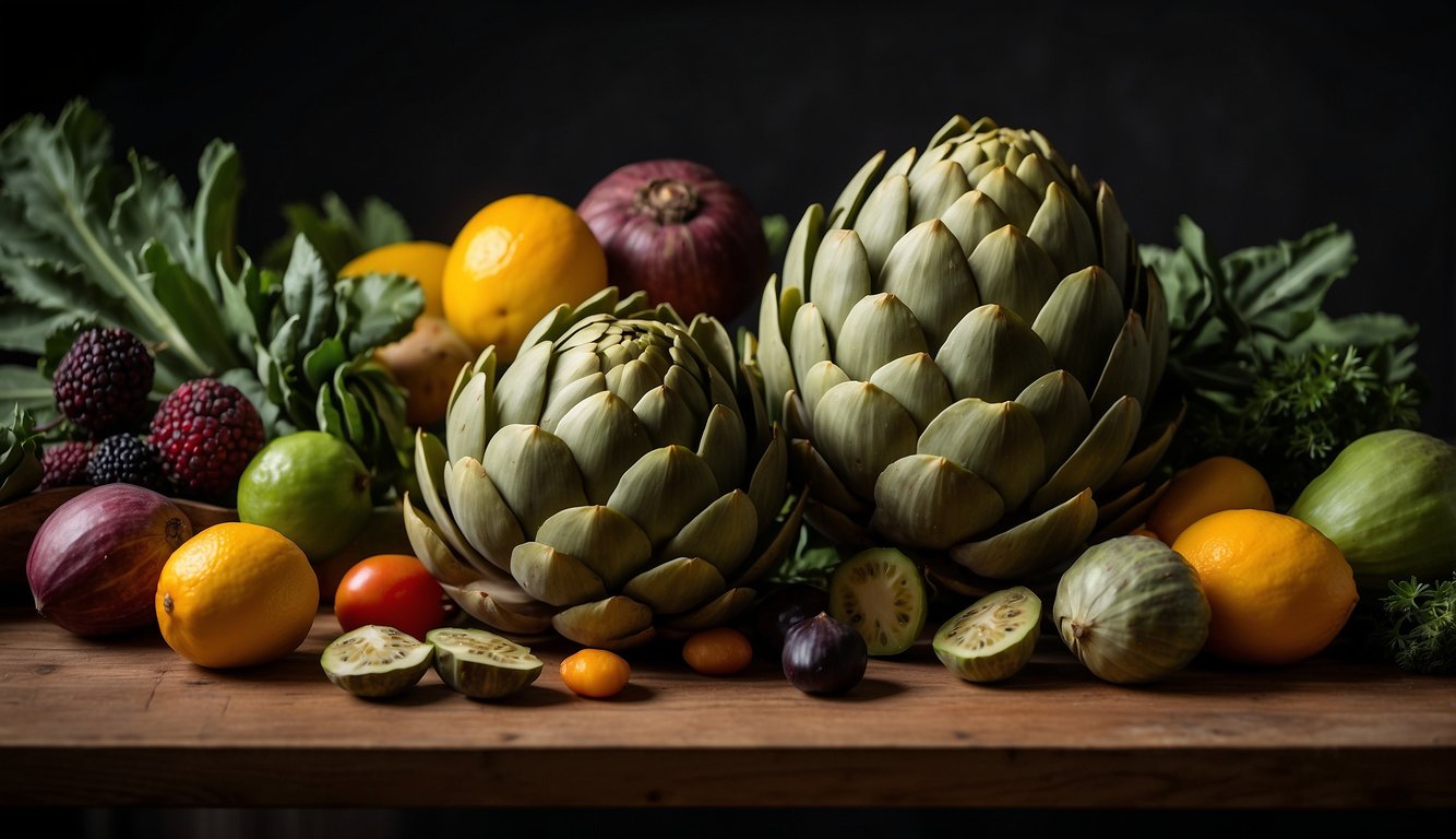 A table with a variety of fresh artichokes, surrounded by colorful fruits and vegetables, with a focus on the nutritional values of the artichokes