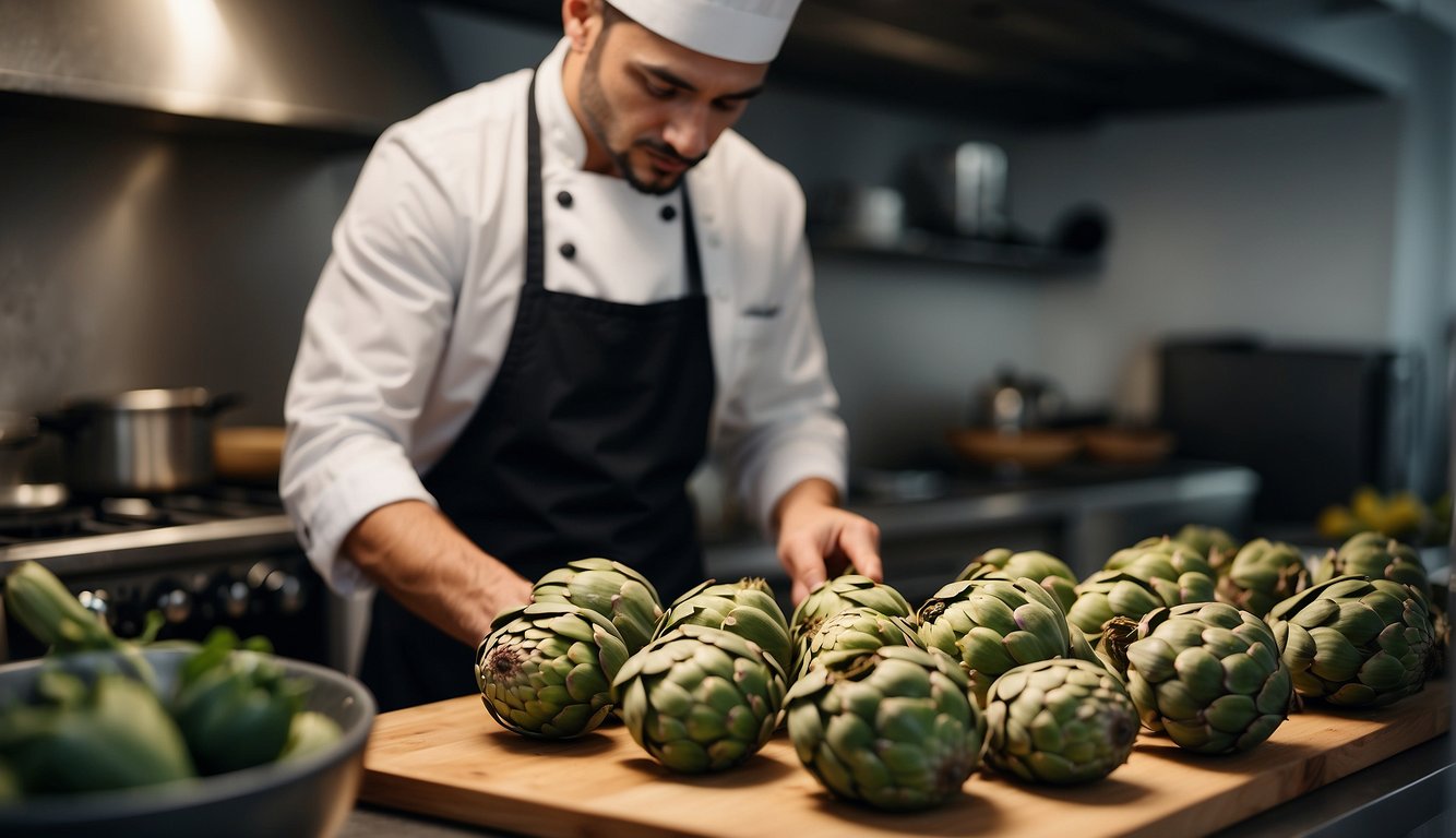 A chef preparing artichokes for cooking in a kitchen setting