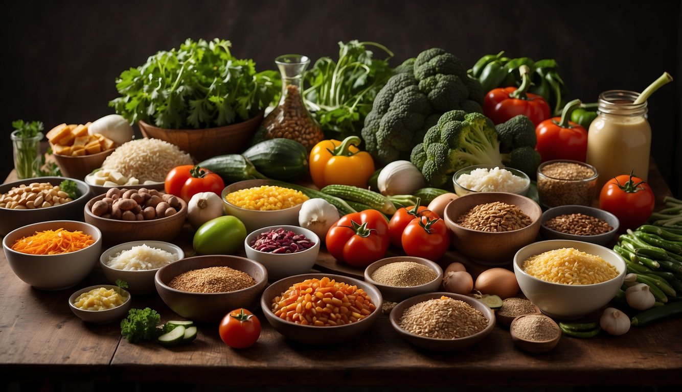 A table filled with various ingredients such as fresh vegetables, lean meats, and whole grains. A cookbook open to a page titled "Liver Diet Recipes - Recipes for the Whole Week."
