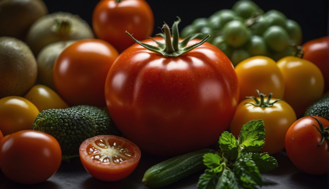A ripe tomato surrounded by various fruits and vegetables, emphasizing its health benefits and nutritional value