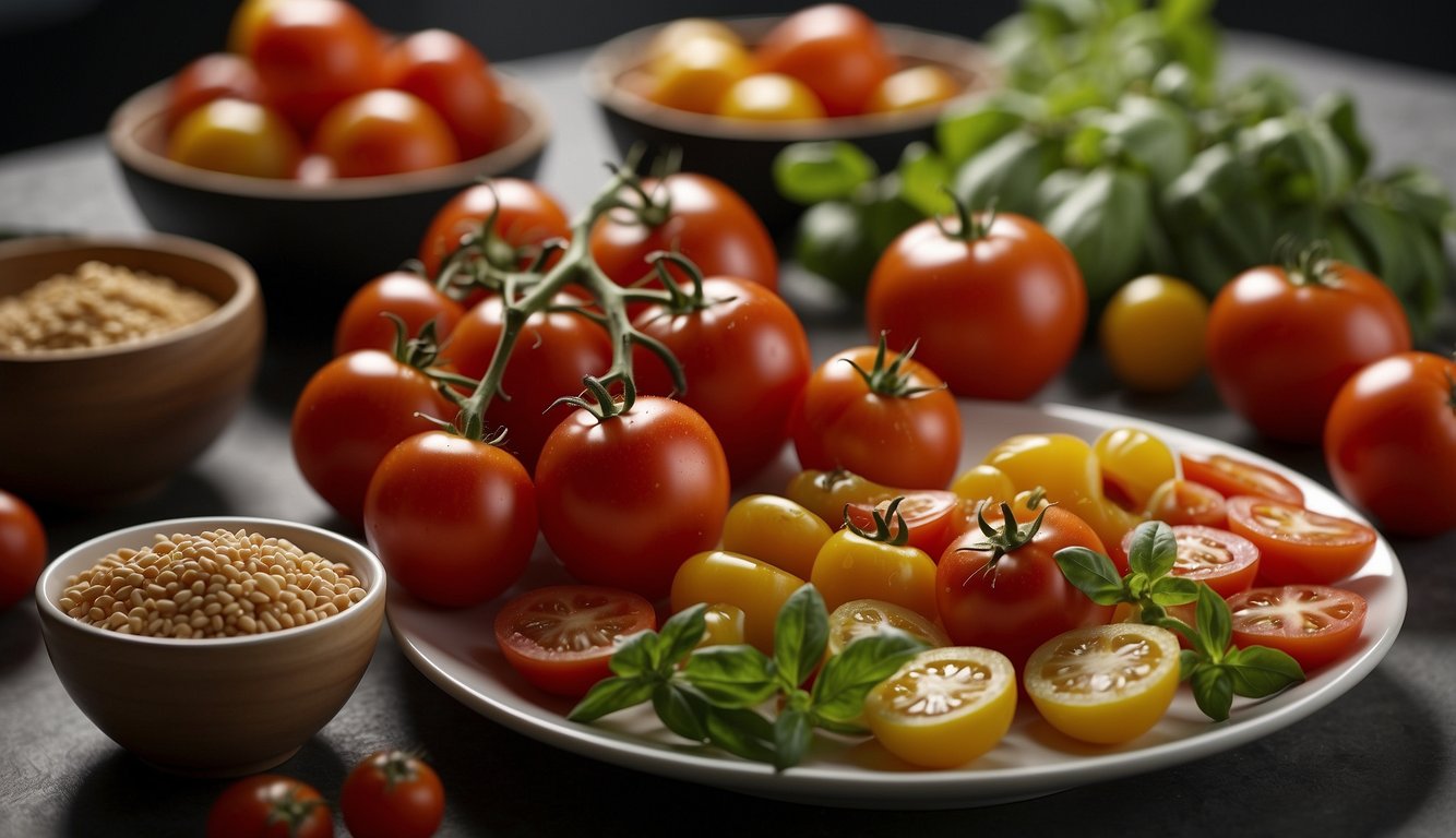 A table with various foods, including tomatoes, with a focus on their nutritional value for a diet
