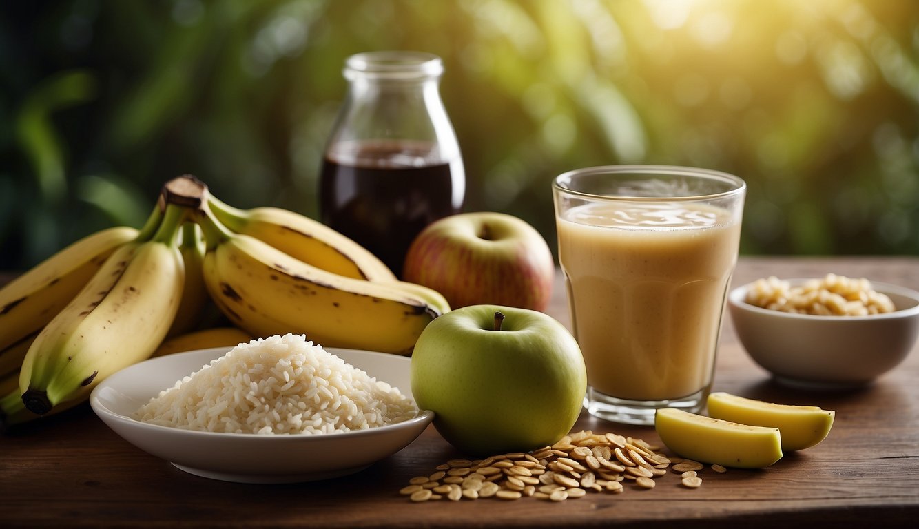 A table with recommended products for a diarrhea diet, including bananas, rice, applesauce, and toast