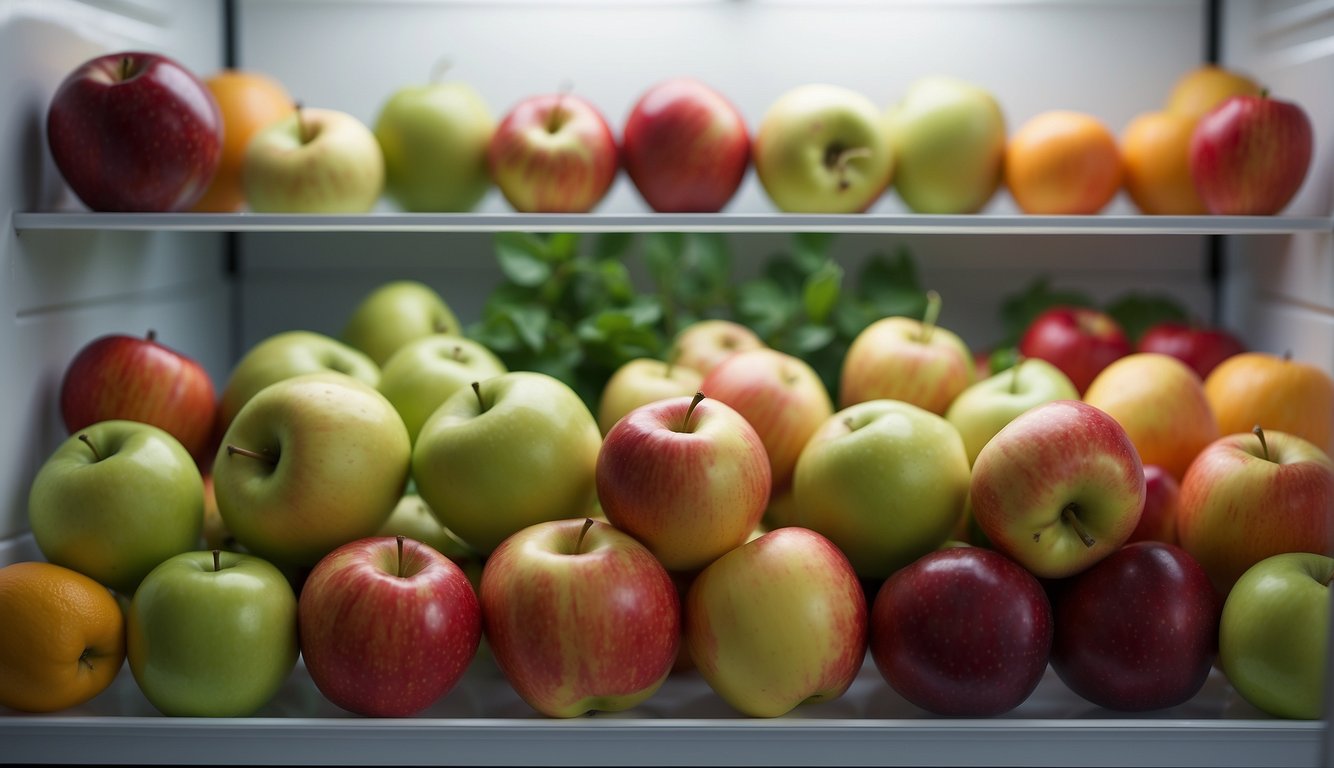 A row of crisp apples sits on a clean, white refrigerator shelf, surrounded by other colorful fruits and vegetables. The cool air inside the fridge keeps them fresh and ready to eat
