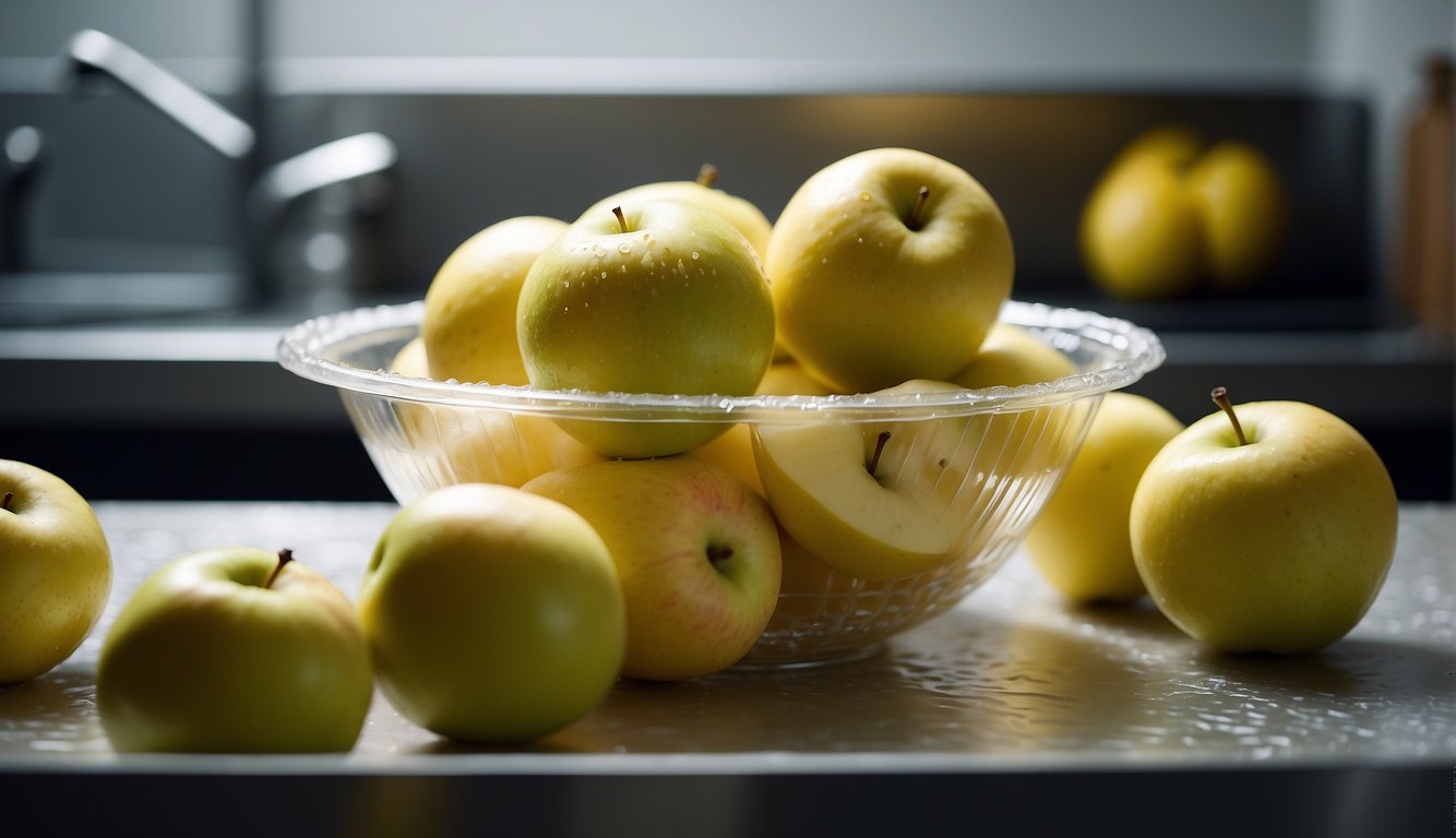 A bowl of sliced apples covered with lemon juice, sealed with plastic wrap, and placed in the fridge