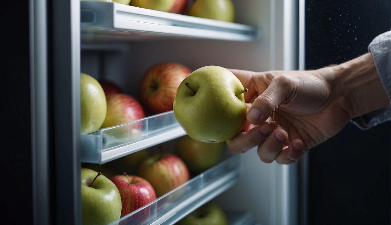 A hand reaching into a fridge, pulling out an apple. The apple is wrinkled and discolored, with mold spots. The fridge shelves are clean and organized