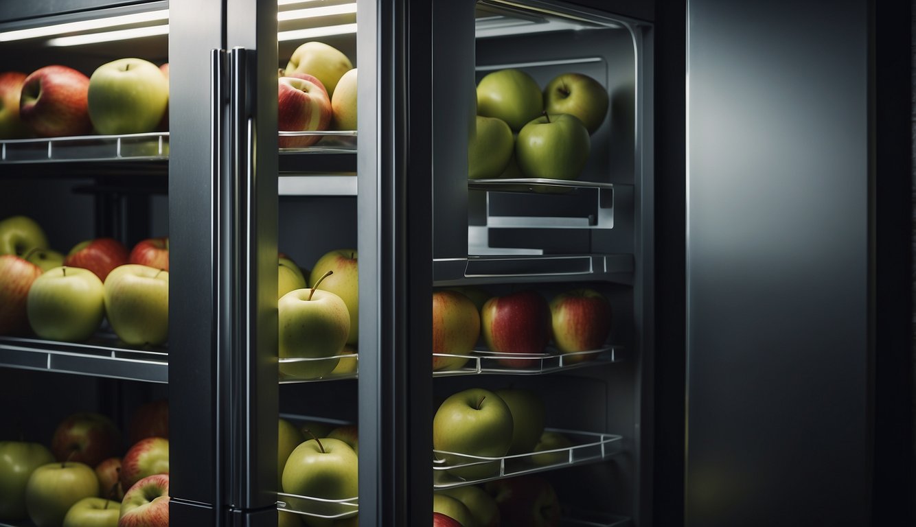 A refrigerator with a bunch of fresh apples inside, with the door closed to show that they are being stored to extend their shelf life