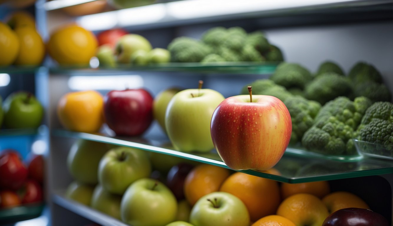 A bright, crisp apple sits on a glass shelf inside a clean, organized refrigerator, surrounded by other fresh fruits and vegetables