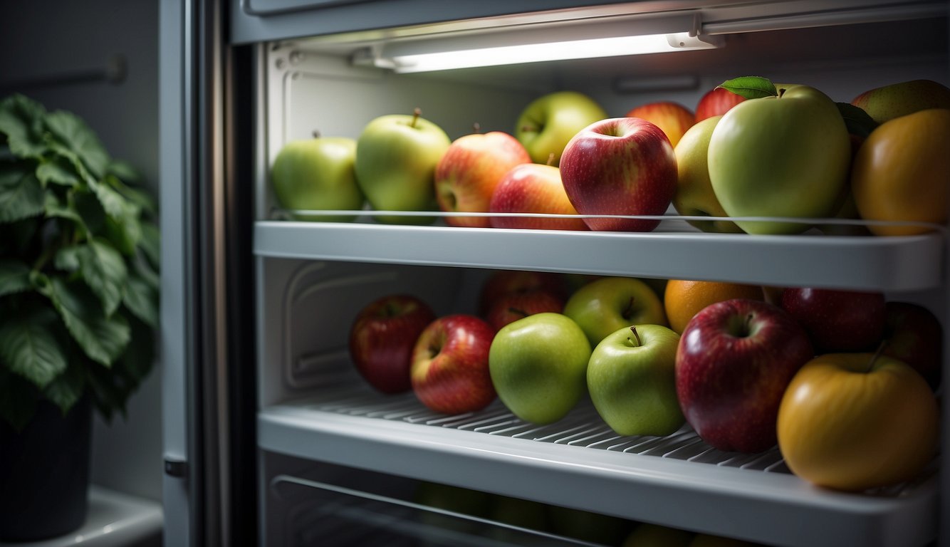 An apple sits on a shelf inside a clean, organized refrigerator, surrounded by other fruits and vegetables. The fridge door is slightly ajar, with a soft light spilling out onto the apple
