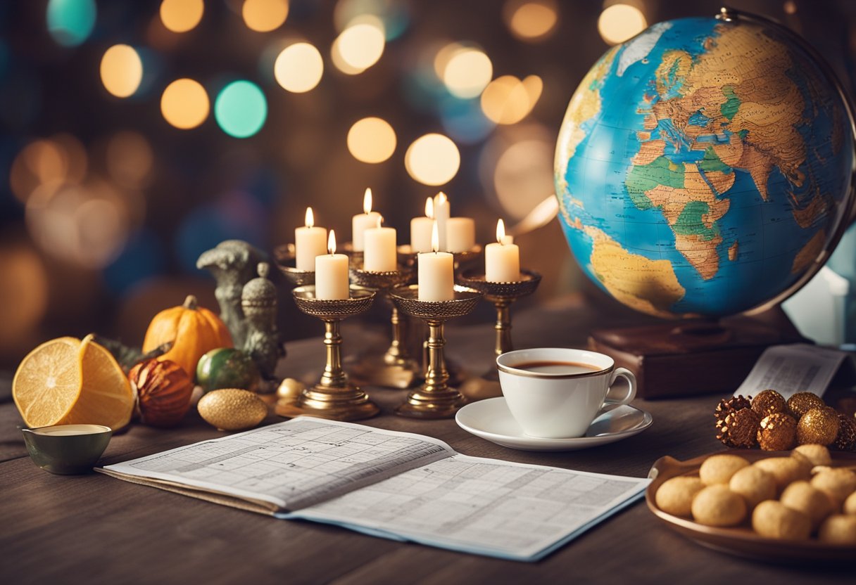 A festive table with diverse cultural symbols, such as fireworks, calendars, and traditional decorations, set against a backdrop of a global map