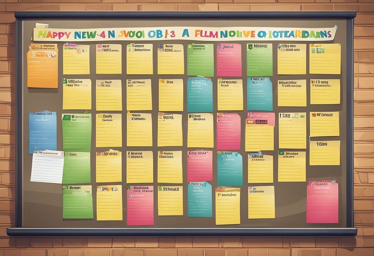 A colorful classroom with 15 lesson plans on a bulletin board, each labeled "Ano novo" (New Year) with clear and specific objectives written underneath