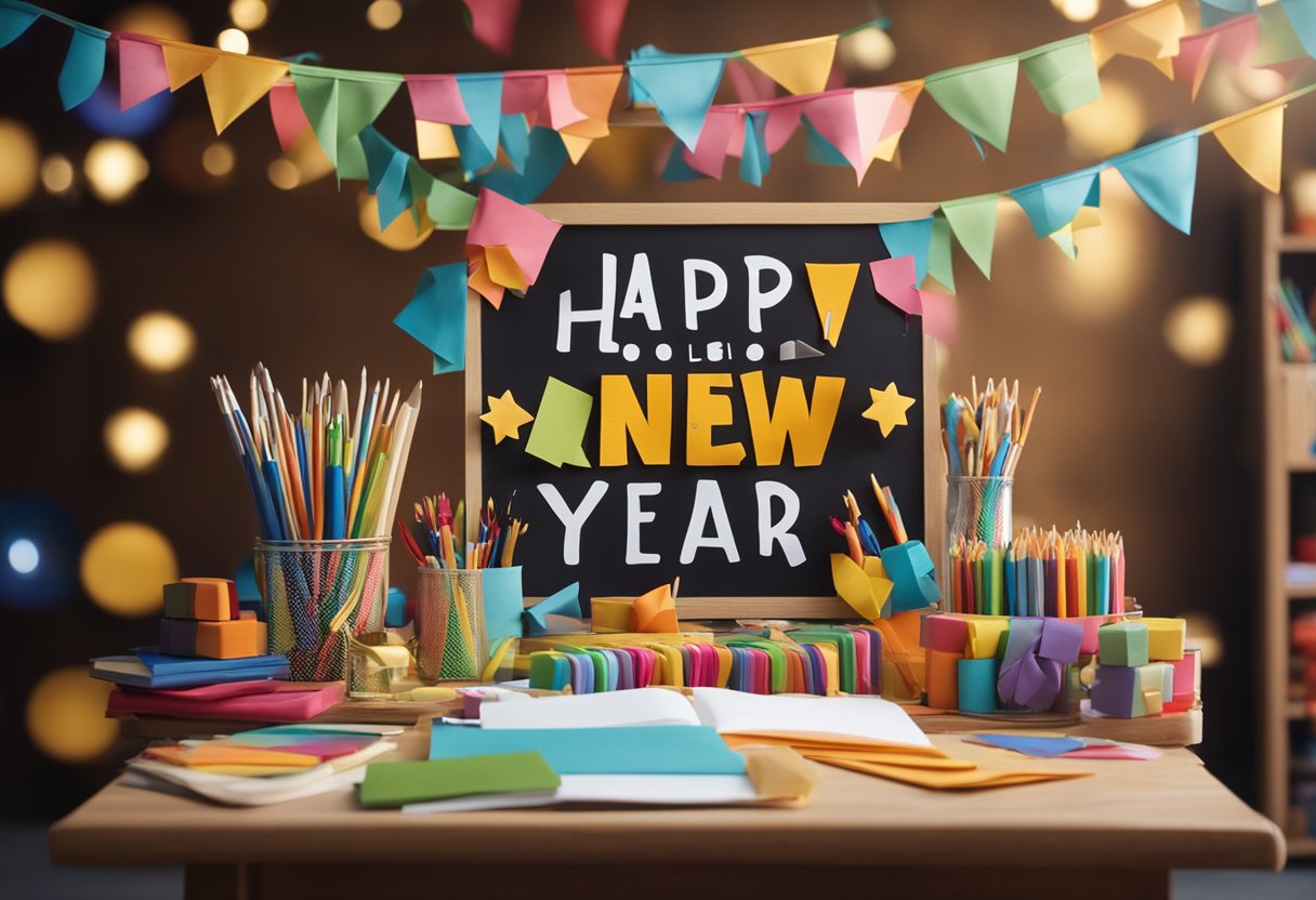 A colorful classroom with art supplies and craft materials arranged on tables. A festive banner with "Happy New Year" hangs on the wall