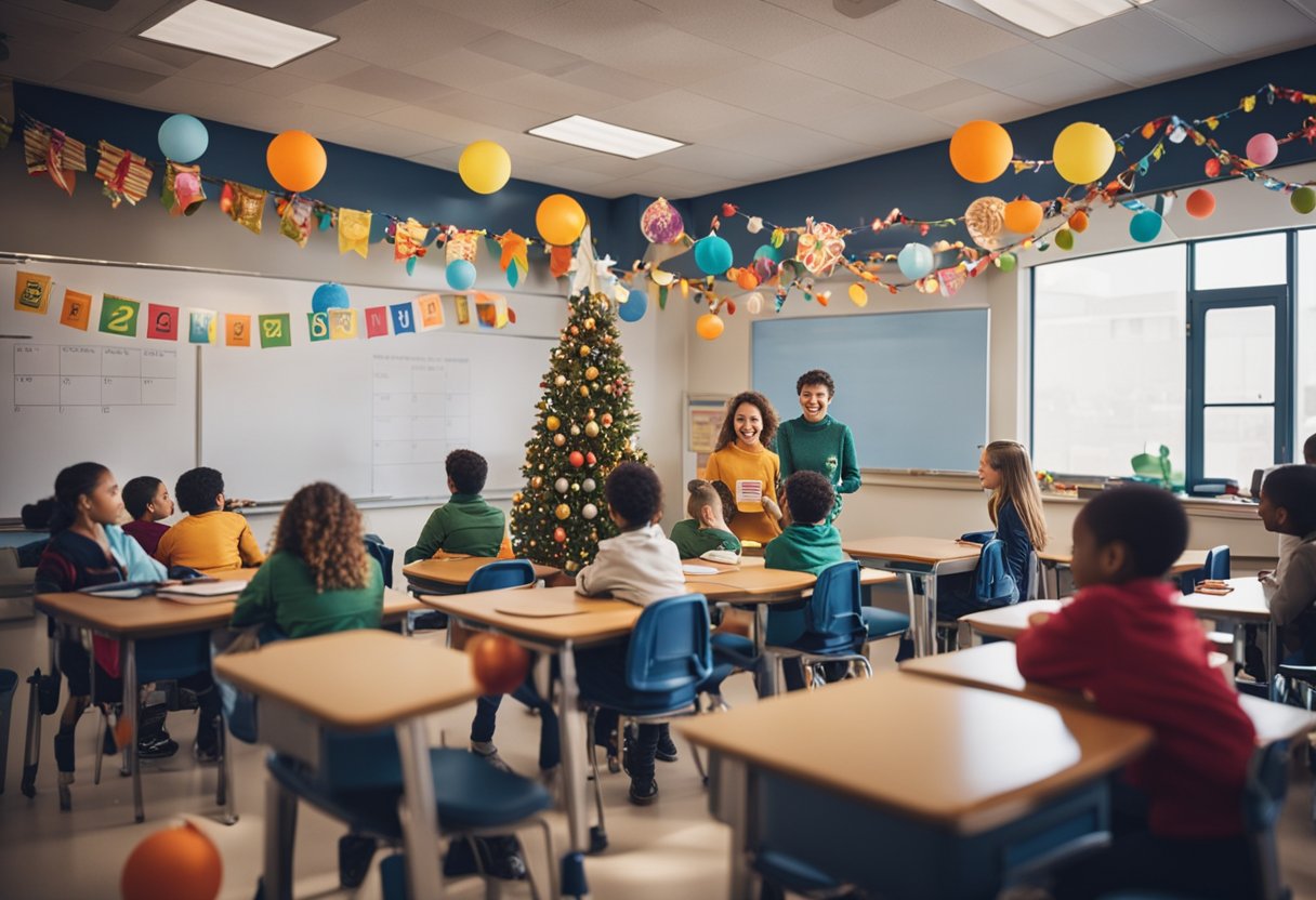 A festive classroom with a calendar flipped to January, colorful decorations, and students engaged in learning about New Year's traditions and current events
