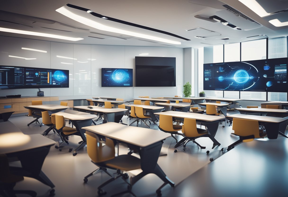 A futuristic classroom with digital screens and interactive devices. Bright, modern, and innovative technology