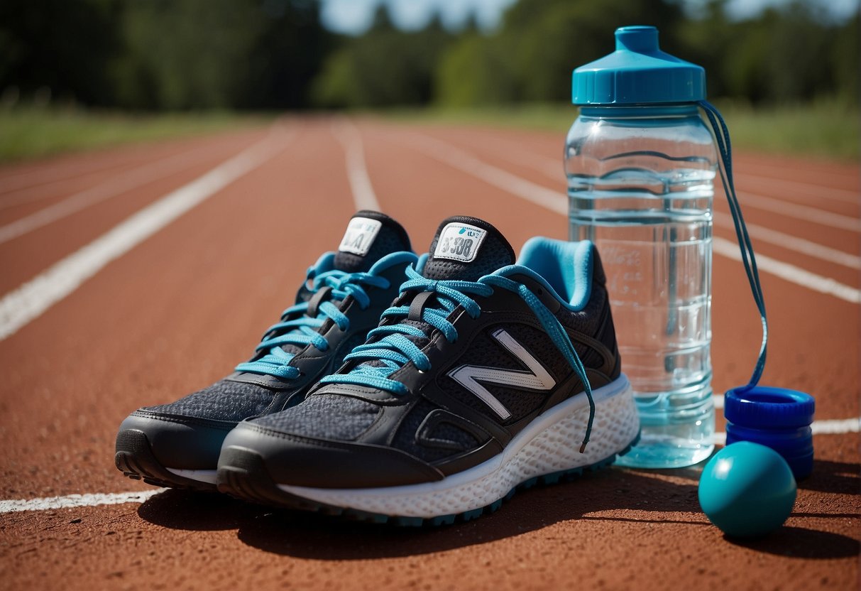 A pair of running shoes, a water bottle, and a stopwatch lay on a track. A running journal and stretching band are nearby