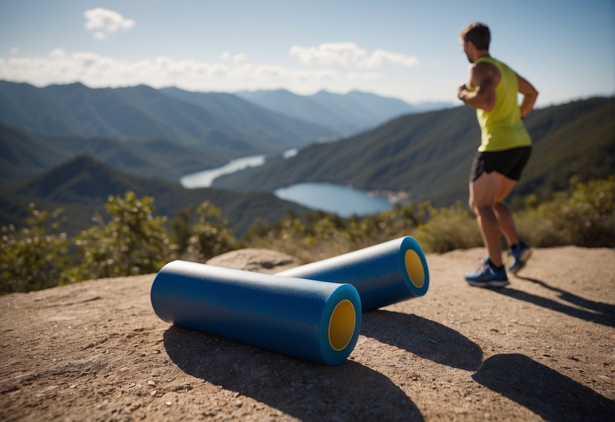 A runner stretches before a scenic trail. A foam roller and resistance bands lay nearby, along with a water bottle and running shoes
