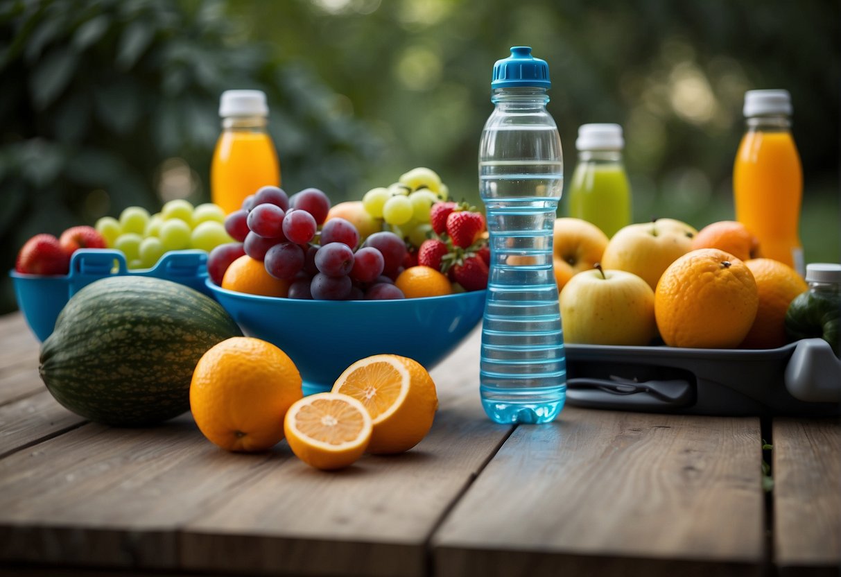 A table with a variety of fruits, vegetables, and water bottles. Running shoes and a hydration pack are placed nearby