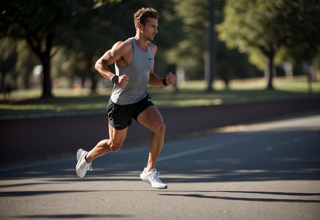 A runner strides with perfect form, arms pumping, and legs extending for maximum power and efficiency. The focus is on technique and speed